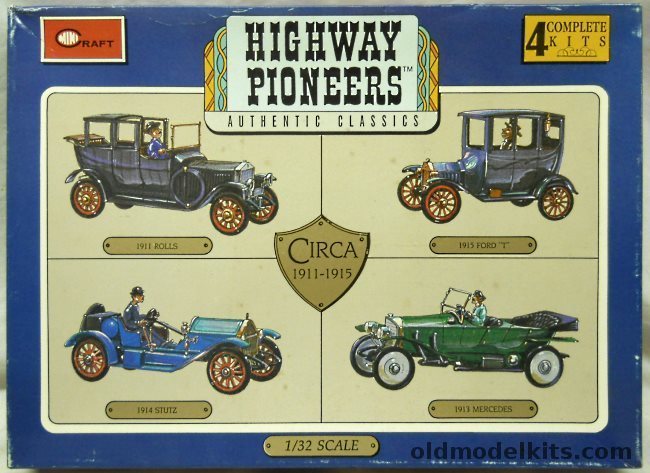 Minicraft 1/32 Highway Pioneers (Ex-Gowland/Revell) 1911 Rolls Royce / 1915 Ford T / 1914 Stutz / 1913 Mercdes, 1504 plastic model kit